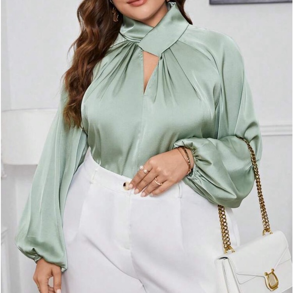 Classic Elegant Plus Size Twisted Neckline Work Office Top Blouse Shirt Green - Picture 3 of 5